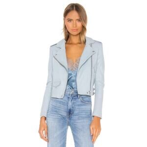 IRO Ashville Cropped Leather Moto Biker Jacket in Summer Blue Size 40/US 8